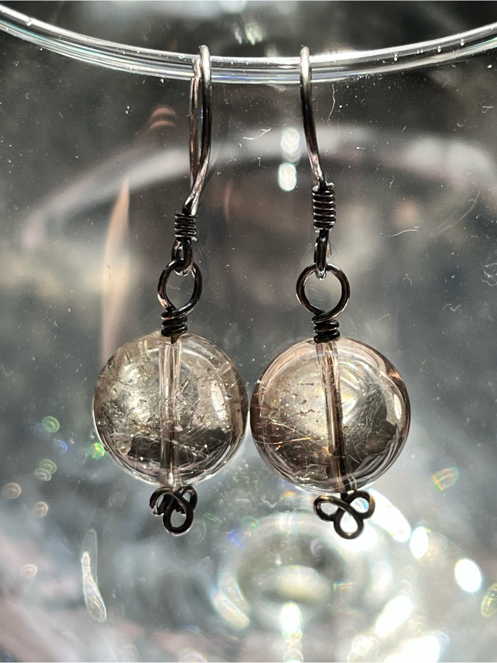 Handmade Sterling Silver Rutilated Quartz Coin Earrings - Celtic Knot Accent